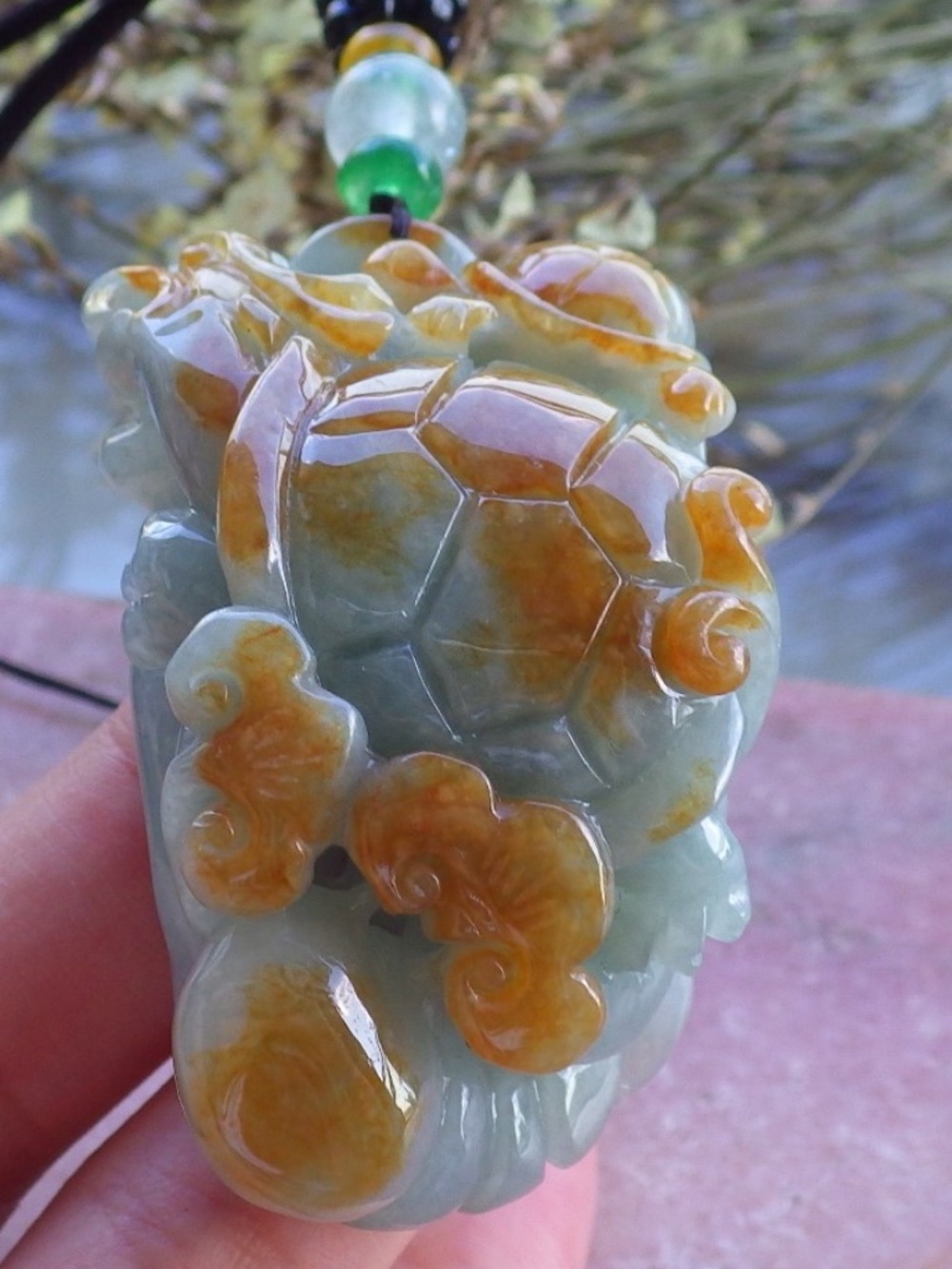 Certified Natural Burma A Jade Jadeite Dragon Turtle Ruyi Pendant Necklace